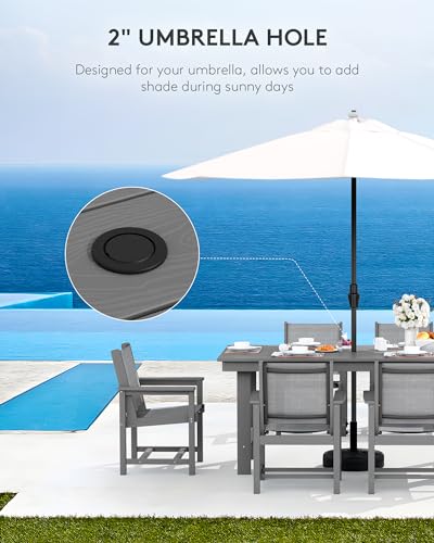 SERWALL 7 Piece Outdoor Dining Table Sets for 6 with 1 Umbrella Hole Cut-Out Rectangular Table and 6 Textilene Chairs, HDPE Dining Table Sets for Garden, Backyard, Poolside, Gray