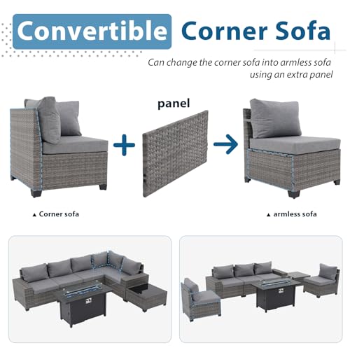 JOIVI 7 PCS PE Wicker Patio Furniture Set with 45" Fire Pit Table, Gray