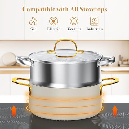 PekGema Ceramic Cookware Set 15-Pieces, Pots and Pans Set Non Stick, Oven Safe Non Toxic, Kitchen Cookware Set, PFOA PTFE FREE, Gold White