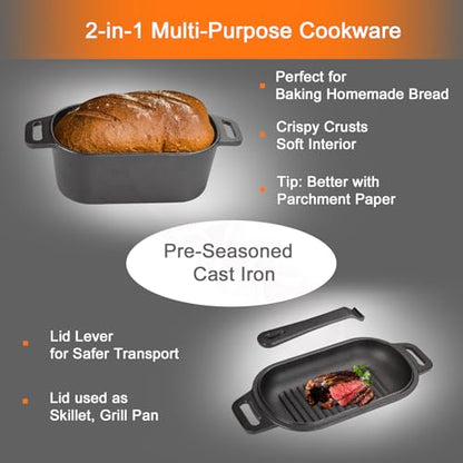 OLLAKOK 2-in-1 Pre-Seasoned Cast Iron Dutch Oven Pot with Lid as Skillet, Grill Pan, with Lid Lever, Dual Loop Handles, Oval Heavy Dutch Oven for Bread Baking, Frying, Camping, BBQ, 3.8 QT Black