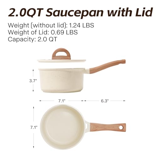 Ceramic Nonstick Saucepan with Lid, 2.0 QT Small Non Stick Stock Pot with Stay-cool Handle, Induction Compatible Cooking Pot White Granite Coating Easy to Clean Kitchen Cookware