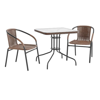 Flash Furniture Lila 3-Piece 28" Square Indoor/Outdoor Patio Table and Chairs Set, Glass Metal Bistro Table and 2 Stacking Rattan Chairs, Brown