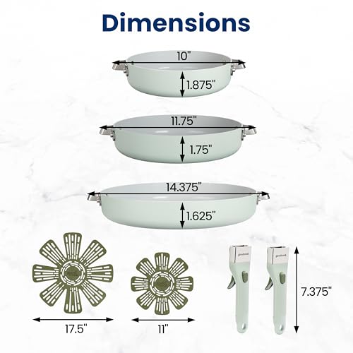 GoodCook Ceramic Cookware Set 7-Piece with Removable Handles, Induction Compatible Fry Pans, Nonstick and Oven Safe, Sage Green