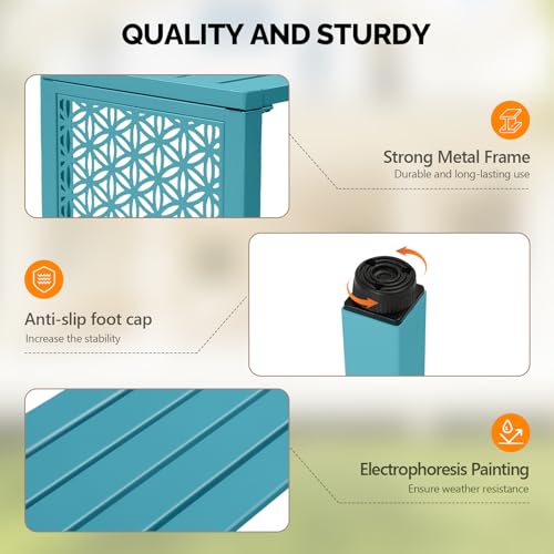 VINGLI 40in Outdoor Metal Bench, All-Weathe Backless Patio Bench with Slatted Seat＆Floral Side Panels, Rust-Resistant Garden Bench, Weatherproof Outdoor Seating for Porch Entryway Backyard (Blue)