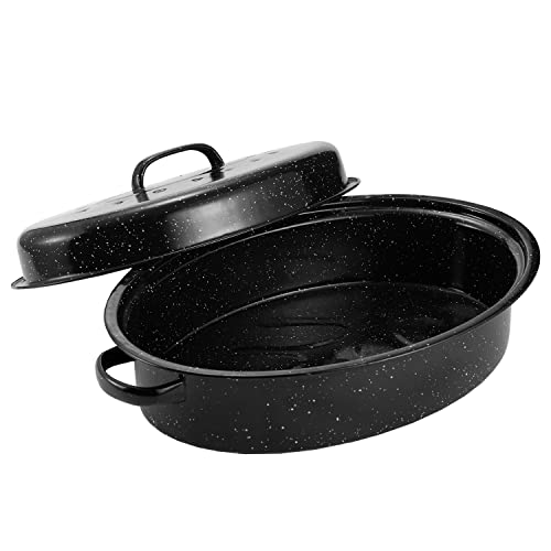 Granite Roasting Pan, Medium 15.7” Enameled Roasting Pan with Domed Lid. Oval Turkey Roaster Pot, Broiler Pan Great for Small Turkey, Chicken, Ham, Dishwasher Safe Fit for Roast Bird by Kendane