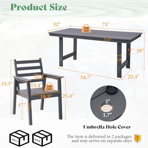 AMERLIFE 7-Piece Outdoor Dining Set for 6, 71" HDPE Patio Table, Grey