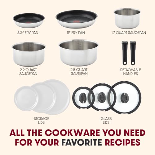 T-fal Ingenio Expertise Stainless Steel Cookware Set 13 Piece, Induction, Stackable Cookware, Pots and Pans Set, RV, Camping, Kitchen Fry Pans, Dishwasher Safe, Detachable/Removable Handle, Silver
