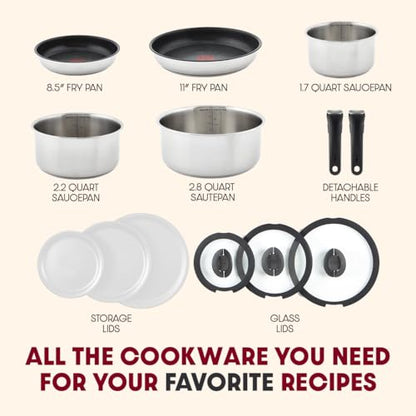 T-fal Ingenio Expertise Stainless Steel Cookware Set 13 Piece, Induction, Stackable Cookware, Pots and Pans Set, RV, Camping, Kitchen Fry Pans, Dishwasher Safe, Detachable/Removable Handle, Silver