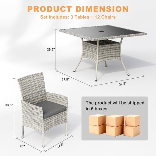 Muphyers 15-Piece Patio Dining Set, Patio Furniture Set with Square Tempered Glass Table & 12 Wicker Chairs, Expandable Design for Larger Groups, Outdoor Furniture for Backyard, Deck, Garden, Grey