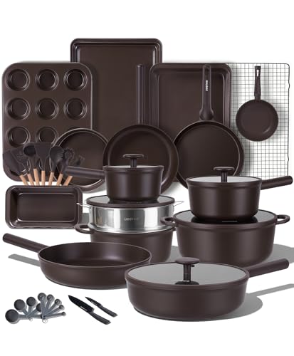 JEETEE 50-Piece Titanium Pots and Pans Set NonStick, Mocha Brown Cookware Set with 6pc Bakeware, Professional Pot and Pan Set for New Home Cooking, Induction & Oven Safe, PFAS Free