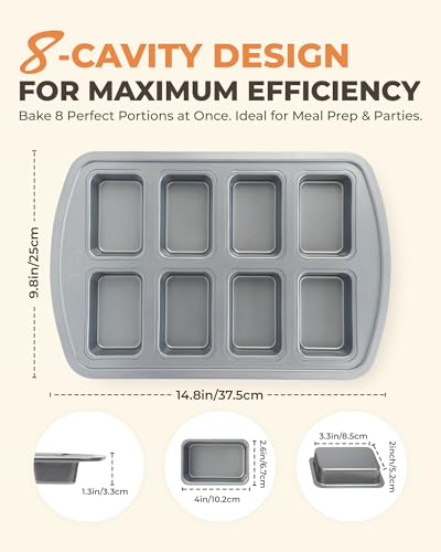 Bake Choice Mini Loaf Pan, 8-Cavity Non-Stick Carbon Steel Baking Pans Set for Banana Bread, Cornbread, Cheesecake, Muffins, Pound Cake, Small Meatloaf, Bread Pan