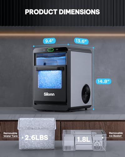 Silonn Nugget Ice Maker Countertop - 44lbs/24h Crushed/Pebble Ice Machine, Front Pull-Out Water Tank & Removable Basket, Stainless Steel Finish for Home Kitchen