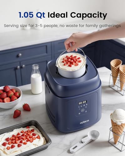 Oplace 4-in-1 Compressor Ice Cream Maker (1.0Qt), No Pre-Freezing, Automatic Yogurt Maker, Gelato Sorbet Frozen Yogurt Soft Serve Machine, Compact Vertical Design for Home Kitchen(Blue)