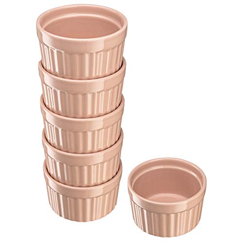 Kook Ramekins, Creme Brulee, Pink Ramekins, Set of 6 Porcelain Souffle Dishes, Oven Safe, for Baking Pot Pies, Lava Cake, Soup, 10 Oz (Peach)