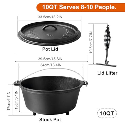 Blingco 10 QT Pre-Seasoned Cast Iron Camp Dutch Oven with Lid, Large Camping Dutch Oven Pot, incl. Lid Lifter - Dual Handles - for Outdoor Campfire, Grill, Oven&Stovetop Cooking - Black