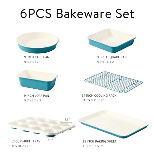 CAROTE 6-Piece Ceramic Baking Pans Set, Aluminized Steel Bakeware Sets, Toxin-Free Nonstick Stackable Oven Pans with Cookie Sheet, Muffin Pan, Loaf Pan, Round & Square Cake Pan, Cooling Rack