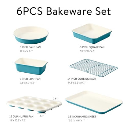 CAROTE 6-Piece Ceramic Baking Pans Set, Aluminized Steel Bakeware Sets, Toxin-Free Nonstick Stackable Oven Pans with Cookie Sheet, Muffin Pan, Loaf Pan, Round & Square Cake Pan, Cooling Rack