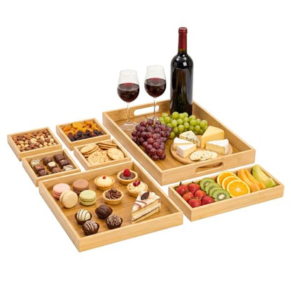 Wood Serving Trays with Handles, Set of 7 Rectangular Platters, Nesting Bamboo Tray for Breakfast in Bed, Entertaining, Couch, Party, Breakfast, Coffee Table, Home Decor