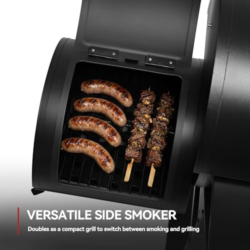 Grills House Barrel Charcoal Grill with Offset Smoker, 824 Sq. In. Cooking Area,Frame Tool Hooks, Bottom Shelf, Blow-Molded Wheels, Outdoor Charcoal Grill for Backyard Cooking, Black, CC1831S-SC