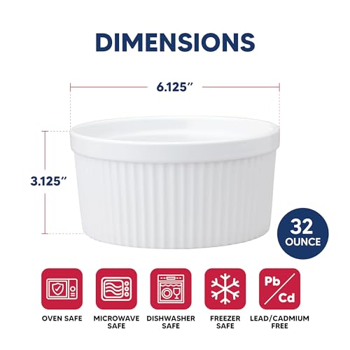 HIC Kitchen Souffle, Fine Porcelain, For Baking Custards, Souffles, Casseroles, And Side Dishes, 32-Ounce (1-Quart) Capacity