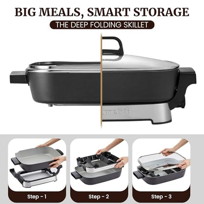 Elite Gourmet Stow-Away Ceramic Skillet, PFAS-Free Ceralast™, 1500W