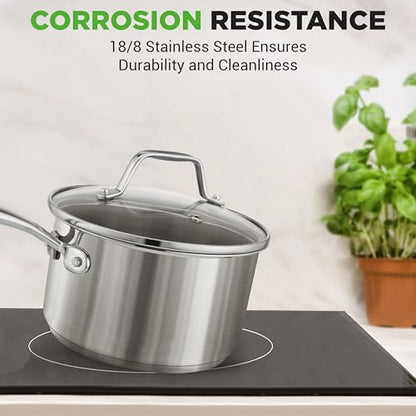 NutriChef 2 Quart Stainless Steel Saucepan with Lid - Heavy Duty Pot with Ergonomic Handles, For All Cooktops