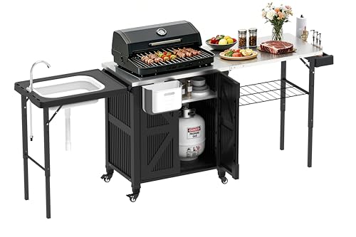 IWDOO Outdoor Kitchen Island with Storage Cabinet, 3-in-1 Movable Grill Cart with Stainless Steel Tabletop, 4 Swivel Wheels, Foldable Sink Rolling Bar Table Cart BBQ Food Prep Station for Patio, Black