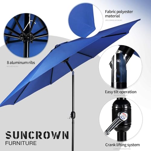 SUNCROWN 8-Piece Outdoor Wrought Iron Chairs and Table Patio Dining Furniture Set-6 Stackable Metal Chairs, 1 Steel Slat Bistro Table and 1 Dark Blue 9Ft Patio Umbrella for Garden Backyard Deck