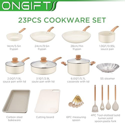 ONGIFT 23 Pcs Pots and Pans Set Nonstick, Kitchen Cookware Sets, with Frying Pan, Saucepan, Saute Pan, Lightweight Cooking Set with Stay-Cool Wood Print Handles, NO PFAS and PFOA, Light Wood