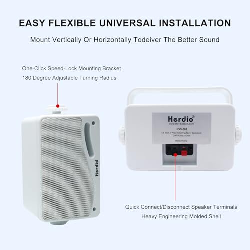 Herdio 3.5 Inch Passive Outdoor Speakers Wired Waterproof, 200W 3 Way Premium Mountable Wall Mount Speakers with Superior Sound, All-Weather Durability, for Patio Marine Boat Garage Indoor(White Pair)