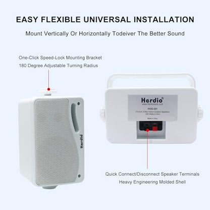 Herdio 3.5 Inch Passive Outdoor Speakers Wired Waterproof, 200W 3 Way Premium Mountable Wall Mount Speakers with Superior Sound, All-Weather Durability, for Patio Marine Boat Garage Indoor(White Pair)
