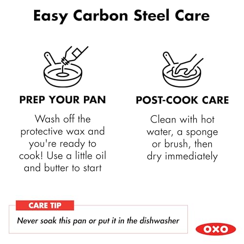OXO Obsidian 12" Carbon Steel Frying Pan, Pre-Seasoned Skillet, Builds Natural Nonstick with Use, Induction Ready, Oven Safe, Removable Silicone Handle