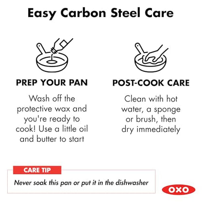 OXO Obsidian 12" Carbon Steel Frying Pan, Pre-Seasoned Skillet, Builds Natural Nonstick with Use, Induction Ready, Oven Safe, Removable Silicone Handle