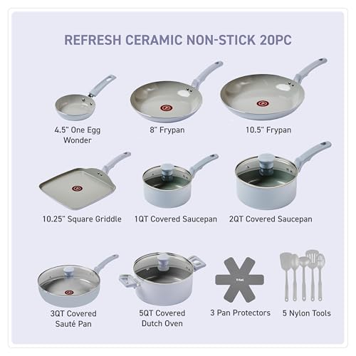 T-Fal Refresh Ceramic Nonstick Cookware Set, 20-Piece, Oven Safe to 350°F, Includes Stockpot, Griddle, Frying Pans, Utensils, Ceramic Pots and Pans Set, Blue