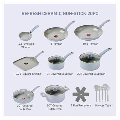 T-Fal Refresh Ceramic Nonstick Cookware Set, 20-Piece, Oven Safe to 350°F, Includes Stockpot, Griddle, Frying Pans, Utensils, Ceramic Pots and Pans Set, Blue