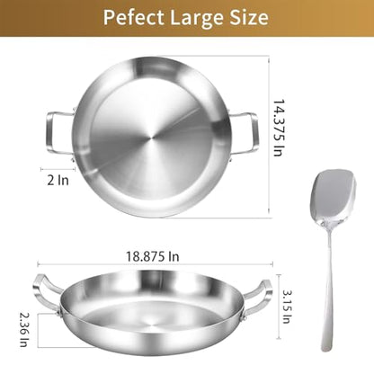 Inqibee 14 Inch Stainless Steel Paella Pan with Lid, Large Frying Pan Skillet with Double Riveted Handles, Wide Shallow Paellera for Stovetop, Induction Compatible, Oven Safe, Dishwasher Safe
