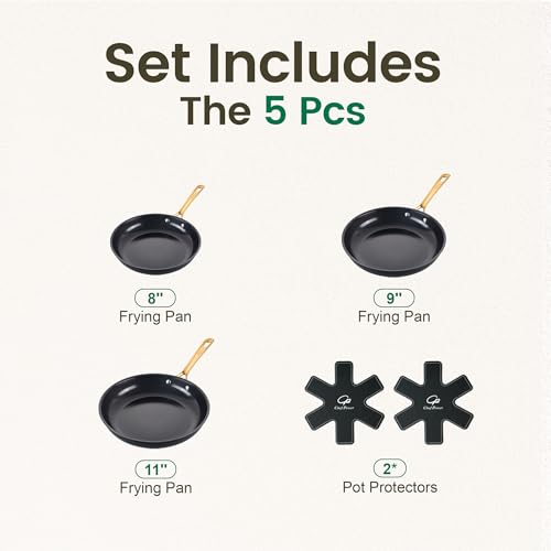 Chef Power Ceramic Frying Pan with Stainless Steel handle 5Pcs Set, Non-toxic Non Stick Grill Pan Set, Induction, Dishwasher and Oven Safe, Stone Black & Light Gold Handle, 8'', 9'', 11'' Skillet