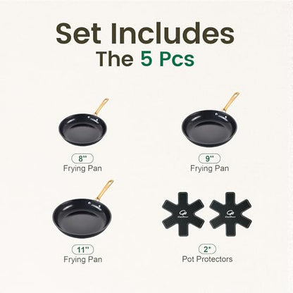 Chef Power Ceramic Frying Pan with Stainless Steel handle 5Pcs Set, Non-toxic Non Stick Grill Pan Set, Induction, Dishwasher and Oven Safe, Stone Black & Light Gold Handle, 8'', 9'', 11'' Skillet