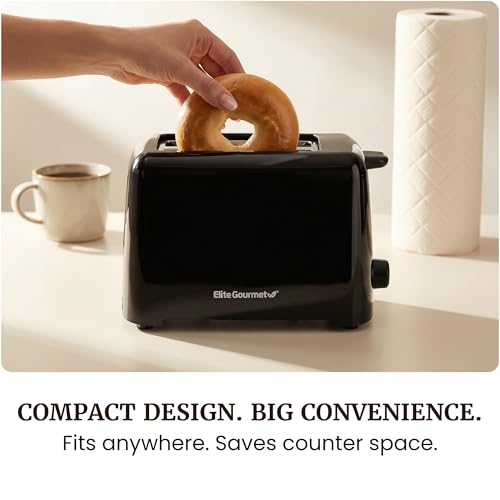 Elite Gourmet 2-Slice Cool Touch Toaster – 6 Browning Levels, Extra Wide 1.25” Slots for Bagels & Thick Bread, Cancel Function, Compact, ETL Certified, Black