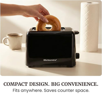 Elite Gourmet 2-Slice Cool Touch Toaster – 6 Browning Levels, Extra Wide 1.25” Slots for Bagels & Thick Bread, Cancel Function, Compact, ETL Certified, Black