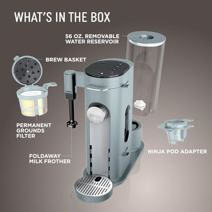 Ninja Pods & Grounds Specialty Single-Serve Coffee Maker, K-Cup Pod Compatible, Built-In Milk Frother, 6-oz. Cup to 24-oz. Travel Mug Sizes, Iced Coffee Maker, Glacier Blue, PB051GB