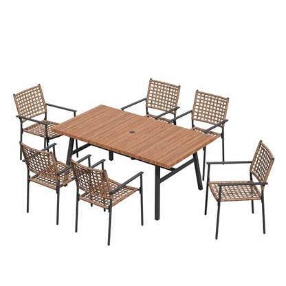 LAUSAINT HOME Outdoor Patio Dining Set 7 Pieces, Outdoor Rattan Dining Table and Chairs Set with Metal Table and Umbrella Hole, Patio Furniture Sets for Garden Backyard Deck Balcony