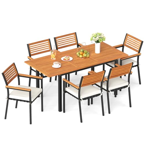 Tangkula 7 Piece Patio Dining Set, Outdoor Acacia Wood Cushioned Chairs and 51”-64” Expandable Rectangular Table Set, with Umbrella Hole, 6 Stackable Armchairs, for Poolside Garden (Off White)