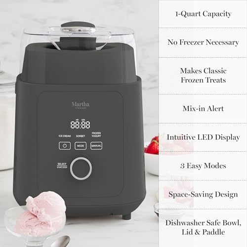 Martha Stewart 1 Quart Ice Cream Maker, Built-In Compressor, No Pre-Freezing Required, 3 Modes (Ice Cream, Sorbet, Frozen Yogurt), Automatic Mix-In Alert, Dishwasher-Safe Parts, Caviar Gray