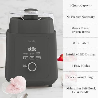 Martha Stewart 1 Quart Ice Cream Maker, Built-In Compressor, No Pre-Freezing Required, 3 Modes (Ice Cream, Sorbet, Frozen Yogurt), Automatic Mix-In Alert, Dishwasher-Safe Parts, Caviar Gray