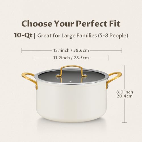 BEZIA 10 Quart Cooking Pot with Ceramic Coating, Non-Stick Stock Pot with Tempered Glass Lid, Large Soup Pot with Stainless Steel Handle, Induction Compatible Stockpot, Dishwasher Safe, Cream