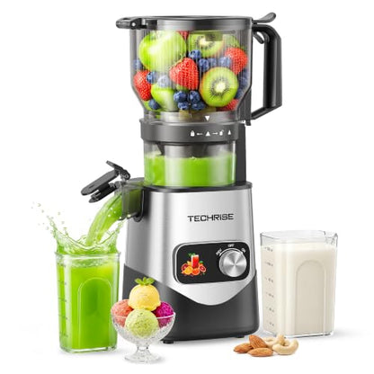 TechRise 3-in-1 Cold Press Juicer with 6" Wide Feed Chute, Slow Masticating Juicer Machine for Whole Fruits & Vegetables, Makes Juice, Fruit Sorbet & Nut Milk, Easy to Clean, BPA-Free, Space Silver