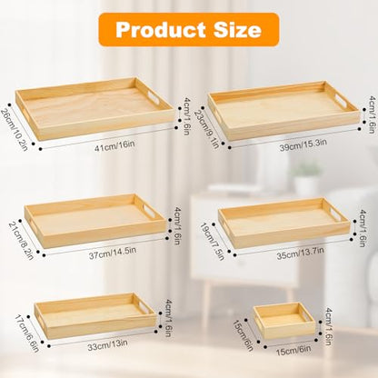 PONGJA Wooden Serving Trays with Handle - 7 Pieces Unfinished Wood Nested Breakfast Food Serving Trays for Craft Kids Montessori Snacks Home Decor Kitchen Party Dinner