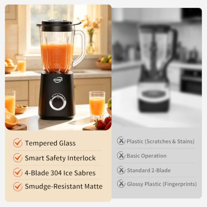 Glass Jar Blender for Smoothies & Shakes, 51 oz Countertop Blender with 2 Speeds + Pulse, 500W Motor, Easy Cleaning, Removable Stainless Steel Blades for Sauces, Nut Milk & Puree, Black