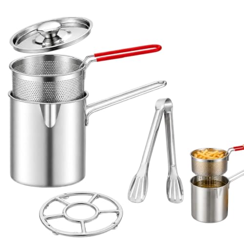 Stainless Steel Mini Fryer, Portable Fryer,Deep Stainless Steel Fryer,Includes Stainless Steels Pot,Removable Strainer Basket And Clips,Suitable For Frying French Fries,Chicken,Bacon